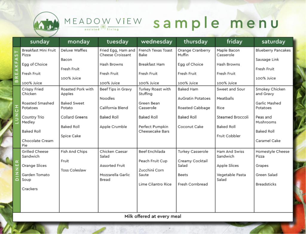 sample menu of meadow view